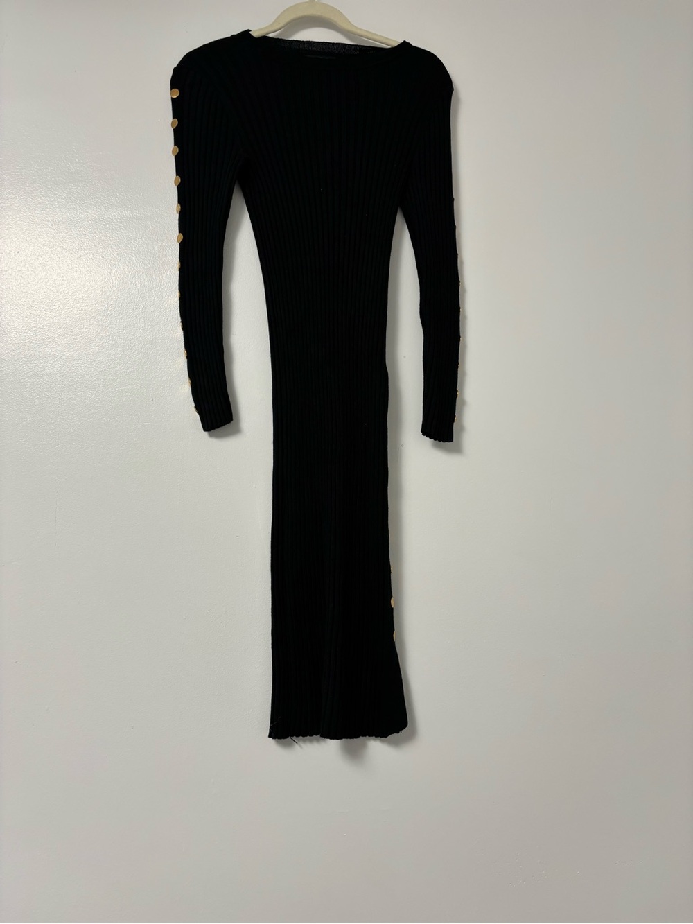 Crystal Doll Black Ribbed Long Sleeve Midi Dress with Gold Buttons